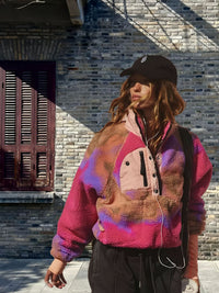 Loose Lapels Stitching Contrast Color Fleece Sweater