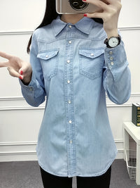 Spring New Nostalgic Slim-fit Denim Shirt Womens Long-sleeve Thin Base Layer Top