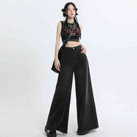 Black And Gray Rough-edge Wide-leg Shorts Mop Jeans