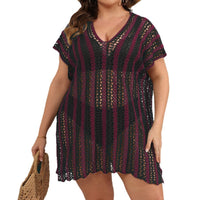 Contrast-color Patchwork Hollow-out Woven Cover-up Beach Bikini For Women