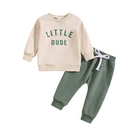 Children's Round Neck Letter Print Top Solid Color Trousers Two-piece Set
