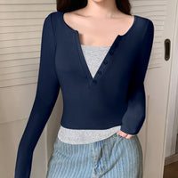 Color Contrast Patchwork Fake Two Pieces Long Sleeve Slim-fit Top