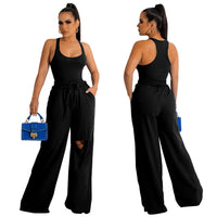 U-collar Jumpsuit Ripped Wide-leg Pants Suit