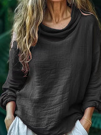 Spring Women's Casual Loose Fashion Long Sleeved Solid Color Pile Collar Pullover Pleated Top