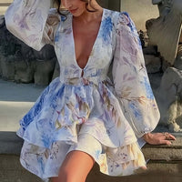 Puff-sleeve Printed Ruffled Short Dress For Women