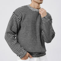Mens Winter Warm Striped Crew-Neck Sweater