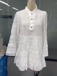 Womens Loose V-Neck Hollow-Out Lace Floral Dress