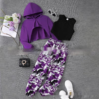 Girls' Cropped Hoodie Rib Vest Camouflage Full Printed Sweatpants Three-piece Set