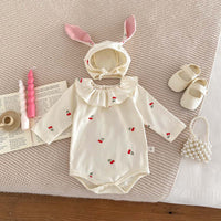 Ruffled Collar Bottom-covering Rompers Newborn 0-2 Years Old Cherry Print Long Sleeve Jumpsuit