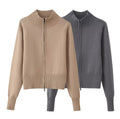 Knitted Zipper Versatile Solid Color Semi-high Neck Long Sleeve Cardigan Sweater