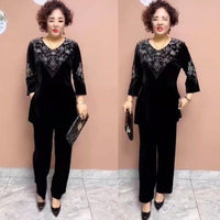 Stylish Gold Velvet Cropped-Sleeve Pants Two-Piece Set