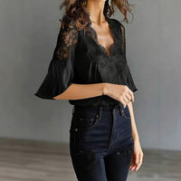 Women's Lace-Patchwork Puff-Sleeve Pleated Short-Sleeve Shirt