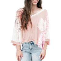 V-neck Long Sleeve Top All-match Lace Stitching Loose