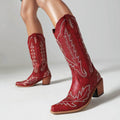 Embroidered Long Knee-high Boots Pointed Toe Chunky Heel High Heel