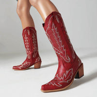 Embroidered Long Knee-high Boots Pointed Toe Chunky Heel High Heel