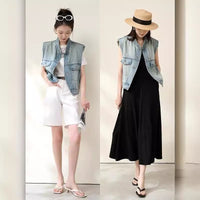 Retro Distressed Shoulder-Padded Denim Waistcoat Women's Irregular Jacket
