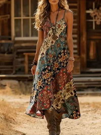 Retro Bohemian Print V-neck Slip Dress