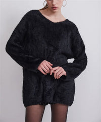 Womens Solid-Colored Long-Sleeve V-Neck Faux Mink Velvet Knit Sweater