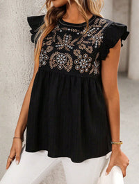 Ethnic Style Embroidered Straight Shoulder Flutter Sleeve Fashion Casual Short Shirt