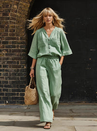 Womens Simple Button-Up Top And Wide-Leg Pants Linen Two-Piece Set