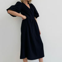 V-neck Puff Short Sleeve Lace-up Dress