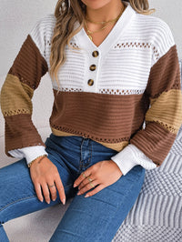 Women Casual Button V-Neck Hollow Out Color Block Lantern Sleeve Pullover Sweater
