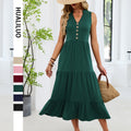 Spring Summer New Solid-Colored V-Neck Buttoned Sleeveless Long Pleated Dress