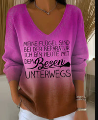Womens Ribbed V-neck Three-quarter-sleeve Loose-fit T-shirt