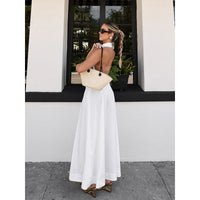 Resort-style White Pure Cotton Single-breasted Sleeveless Halter Dress For Women