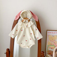 Ruffled Collar Bottom-covering Rompers Newborn 0-2 Years Old Cherry Print Long Sleeve Jumpsuit