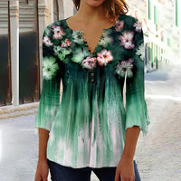 Women's Floral Printed 34 Sleeves V-neck Buttons Shirt