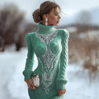 Printed Women's Slim-fit High-neck Bodycon Dress Sweater