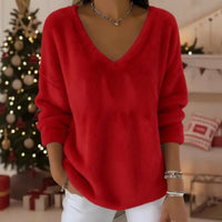 New Womens Plush Pullover With A Drop-shoulder V-neck And Long Sleeves