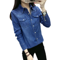 Spring New Nostalgic Slim-fit Denim Shirt Womens Long-sleeve Thin Base Layer Top