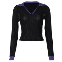 Women's Fashion Polo Collar Bottoming Shirt Casual Striped Thin Long-sleeved Top