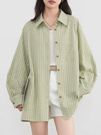 Color-block Vertical-striped Raglan-sleeve Loose-fit Shirt