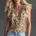 Retro-style Casual Leopard-print Button-up V-neck Shirt