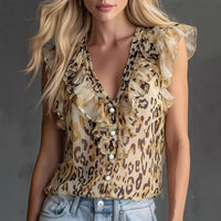 Retro-style Casual Leopard-print Button-up V-neck Shirt