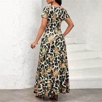 Leopard-Print Rose Floral Fashionable Elegant Waist-Cinching Slimming Dress