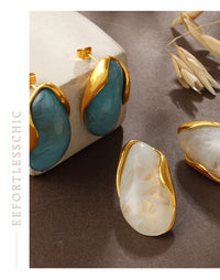 European And American Retro Irregular Amber Powder-white-blue Gradient-dyed Gold-edge Ear Ring, Non-fading, 18K Gold-plated, Exclusive Small-sized Earrings