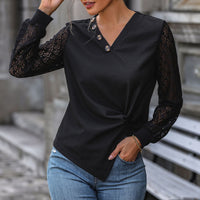 T-Shirt With Buttons And V-Neck Lace-Patchwork Long-Sleeve Knitted Top
