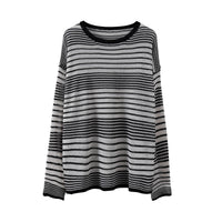 Narrow-striped Cozy Pullover Long-sleeve Knit Sweater For Women Loose-fit Round-neck Versatile Top