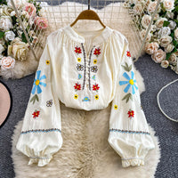 Sweet, Youth-Enhancing Floral Embroidery Stand Collar Puff Sleeve Shirt