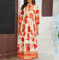 Orange Floral Ethnic Stand-Collar Maxi Dress