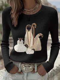 Women's Versatile Casual Blended Jacquard Embroidered Long-sleeve Sweater