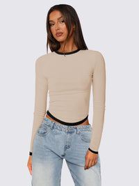 Women's Long-sleeved Round Neck Slim-fit Contrast Colors Short Pullover Top