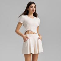 Womens One-Shoulder Hollow-Out Sexy Short-Sleeve Top And Culotte Set