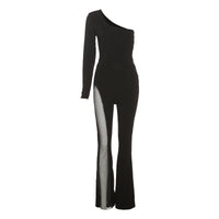 Autumn Women's Fashion One-shoulder Long-sleeved Mesh Jumpsuit