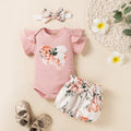 Love Short Sleeve Flying Sleeve Romper Fragmented Flower Shorts Headknot Set