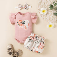 Love Short Sleeve Flying Sleeve Romper Fragmented Flower Shorts Headknot Set